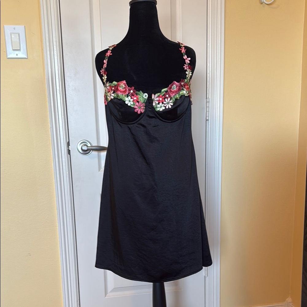 Floral Embroidered Black Slip Dress